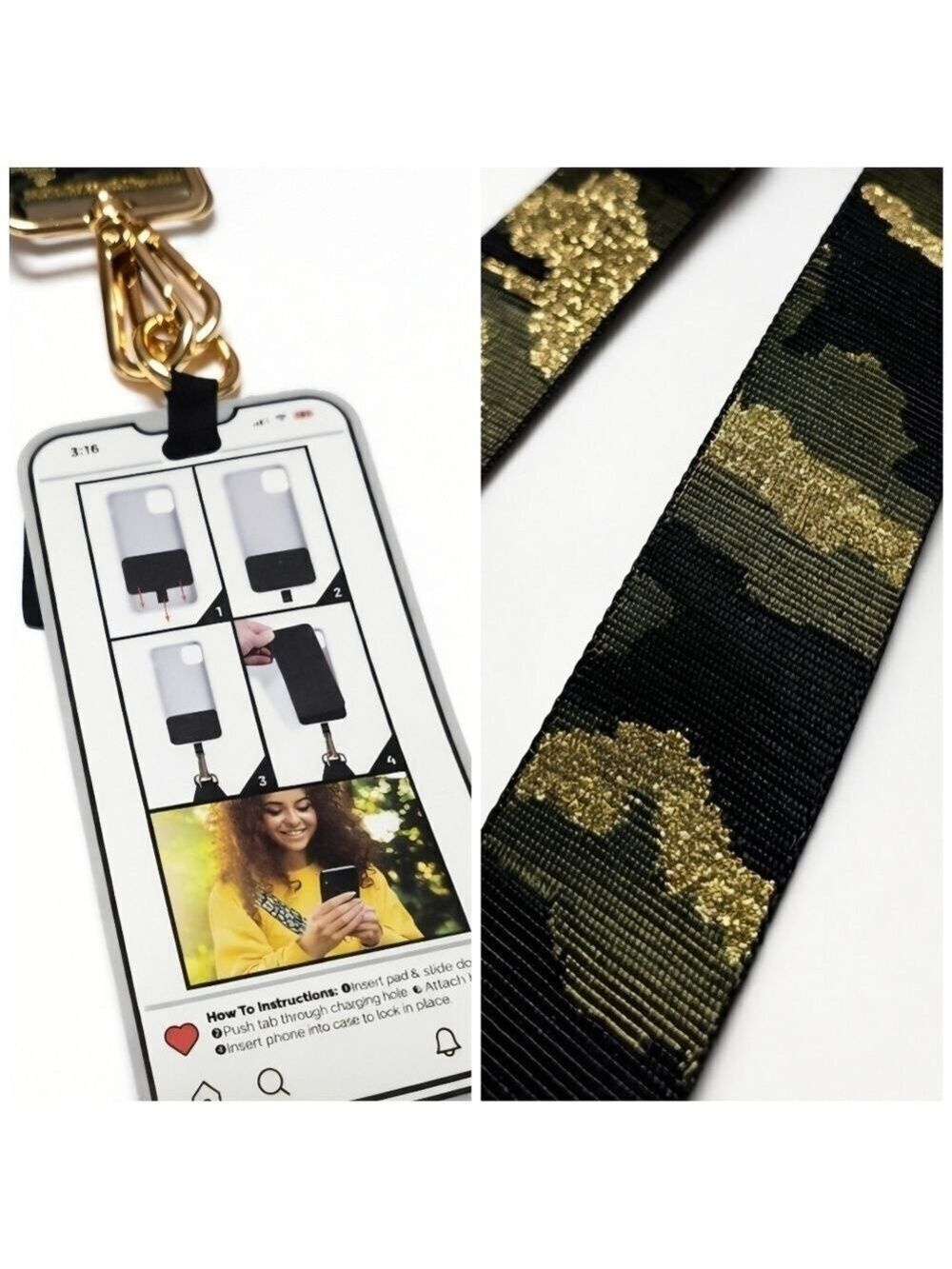Adjustable Camo Crossbody Phone Lanyard Or Bag Strap Gold Hardware New With Tag